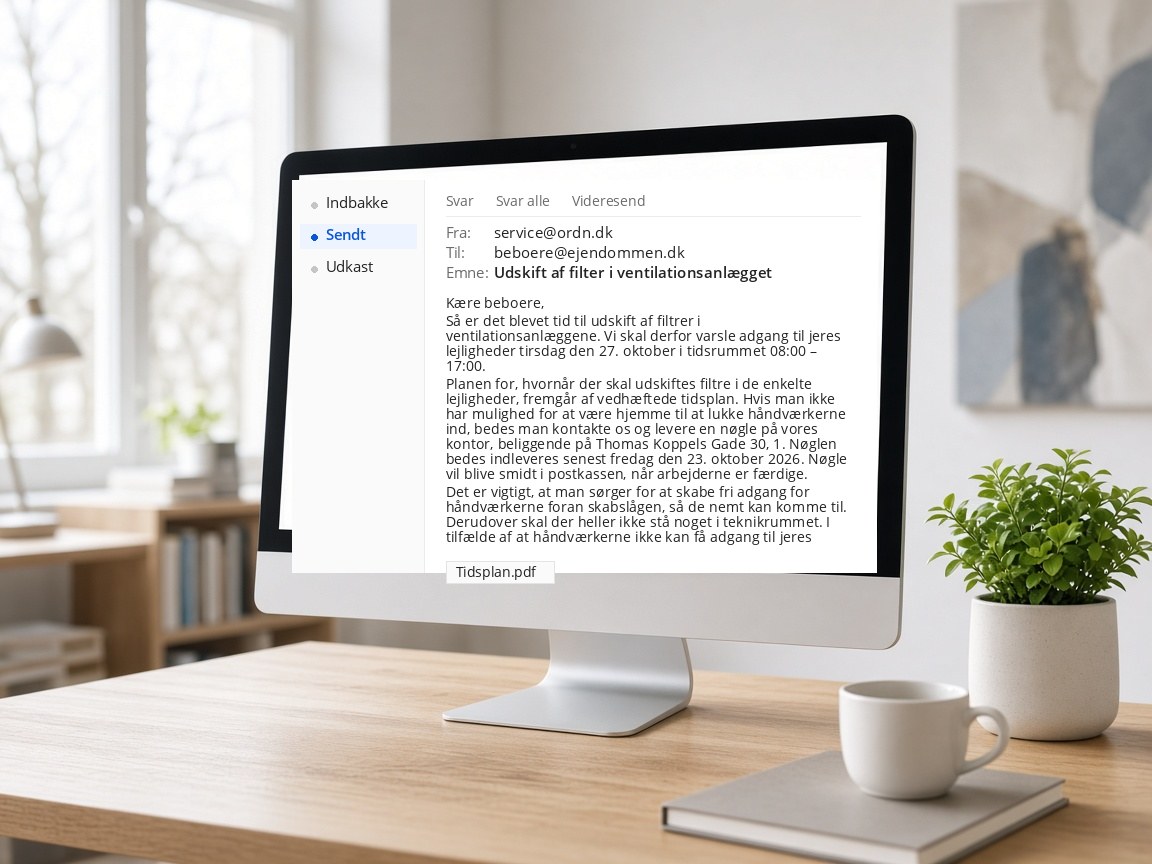 Varsling af filterskift sendt på mail til beboerne